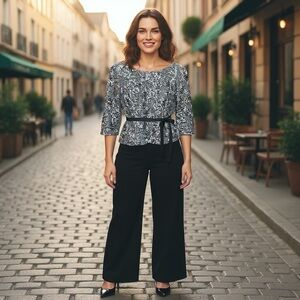 Alex Evenings steel metallic grey floral ribbon&lace belted semi-formal TopSZ-M